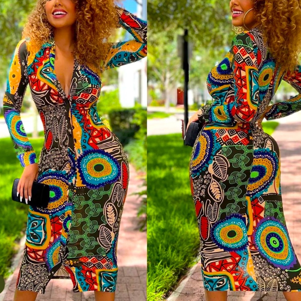 Hawt Multi-Color Long Sleeve Button Up Midi Sz L!